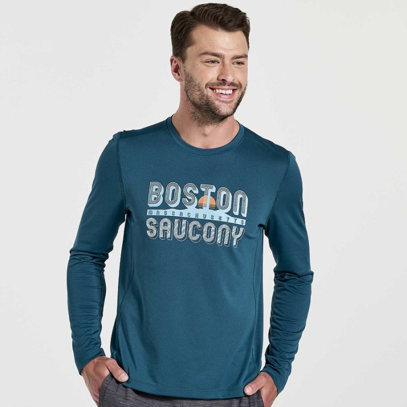 Saucony Stopwatch Grafiske Long Sleeve T-skjorte Herre Blå | S41326-R78